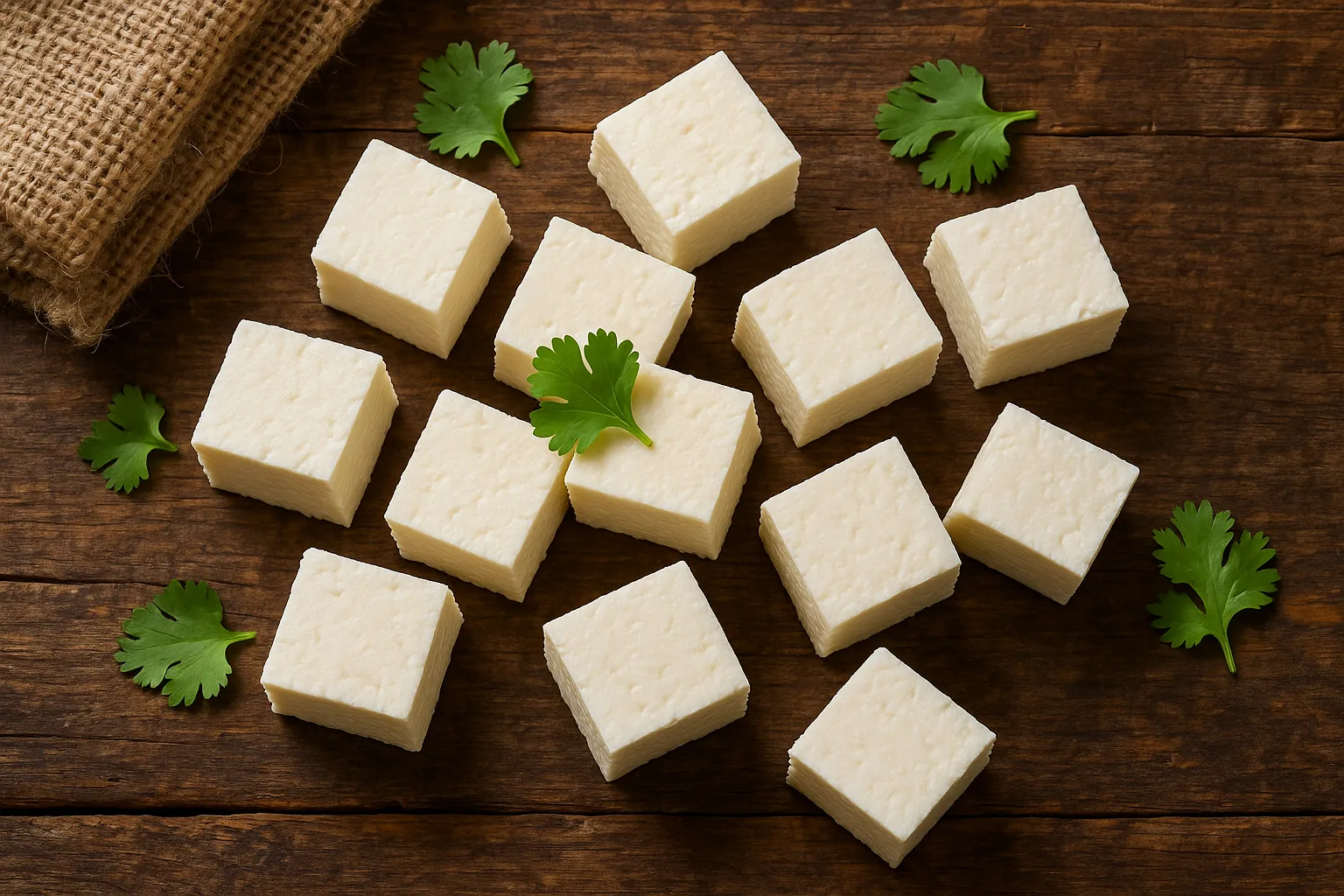 Fresh paneer cubes on rustic wooden table - 265 calories per 100g