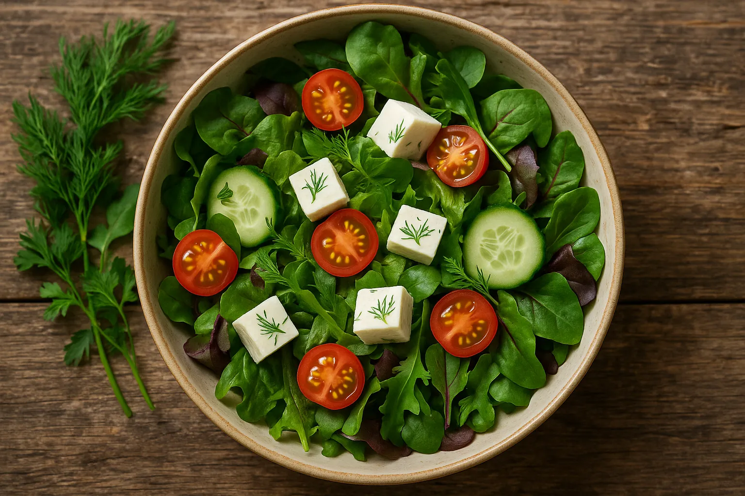 Fresh paneer dill salad on rustic wooden table - 180 calories per 100g