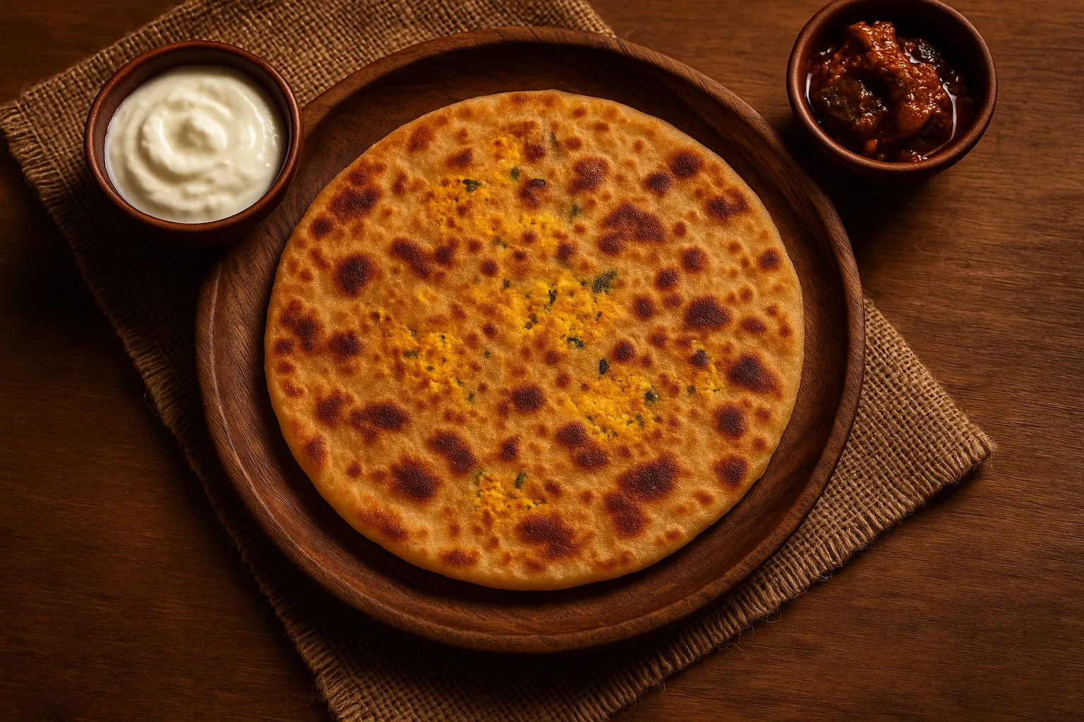 Fresh paneer paratha on rustic wooden table - 287 calories per 100g
