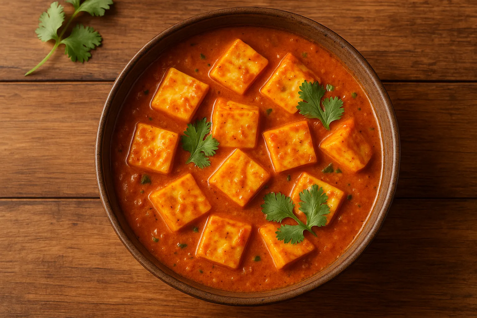 Fresh paneer sabji on rustic wooden table - 195 calories per 100g