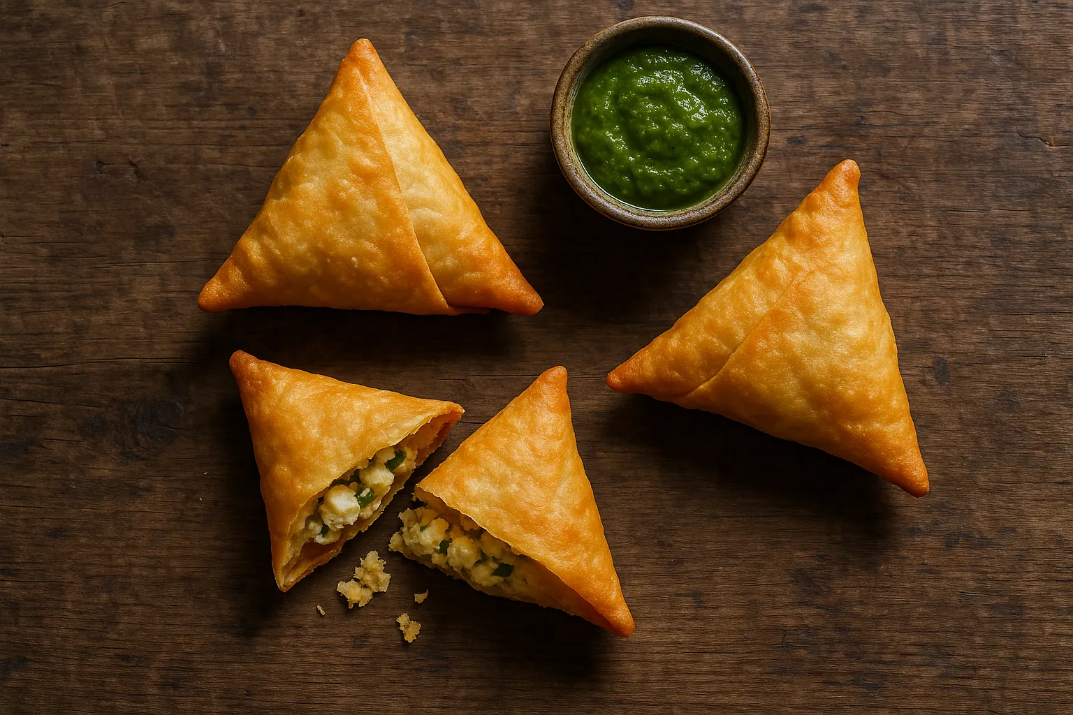 Fresh paneer samosa on rustic wooden table - 275 calories per samosa