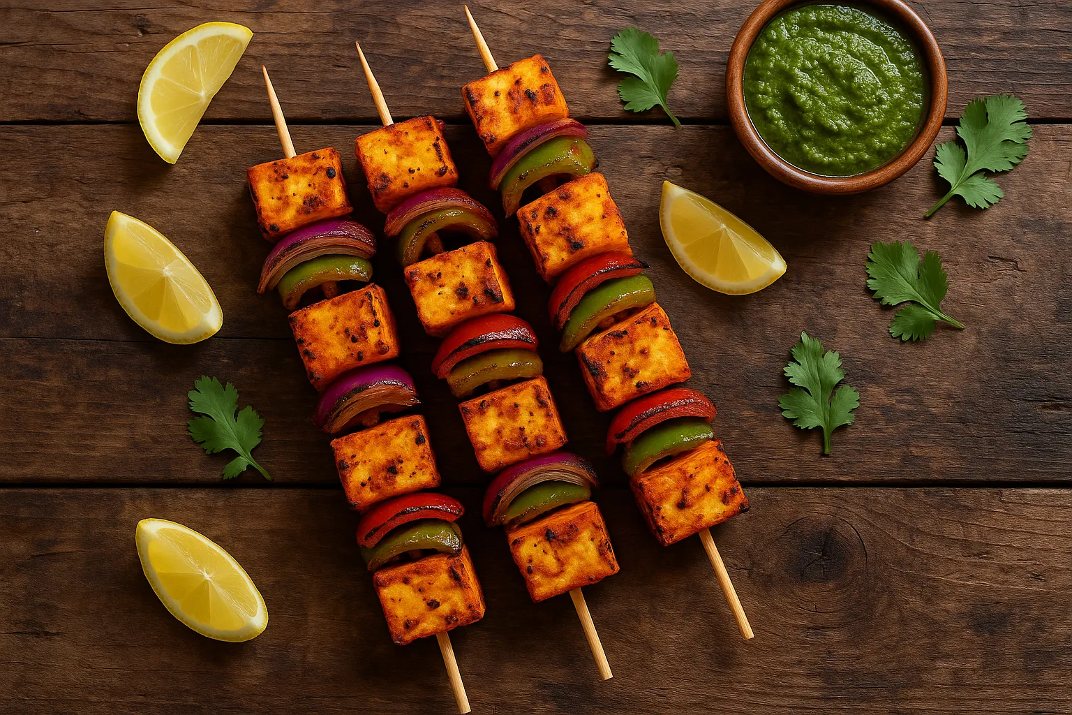 Frischer Paneer Tikka auf rustikalem Holztisch - 264 Kalorien pro Portion