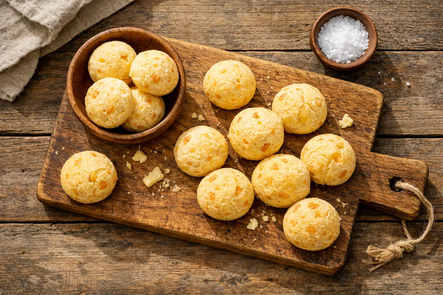 Fresh pão de queijo Brazilian cheese bread on rustic wooden table - 110 calories per ball