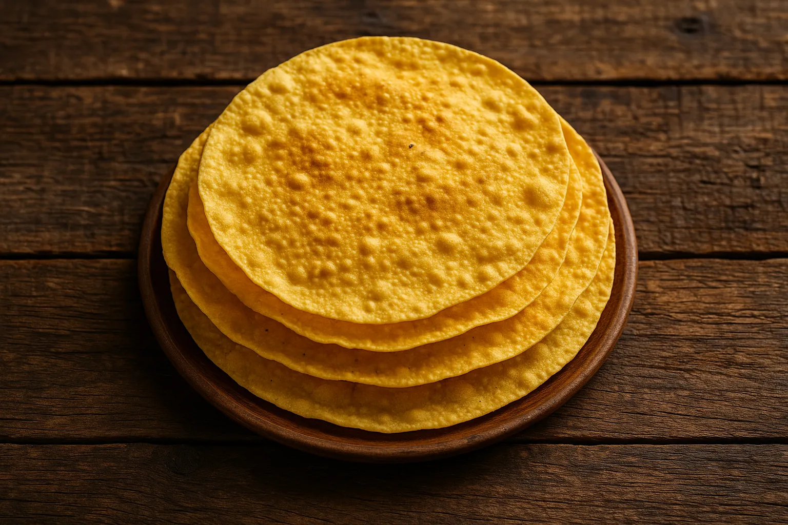 ताज़ा papad on rustic wooden table - 56 कैलोरी प्रति टुकड़ा