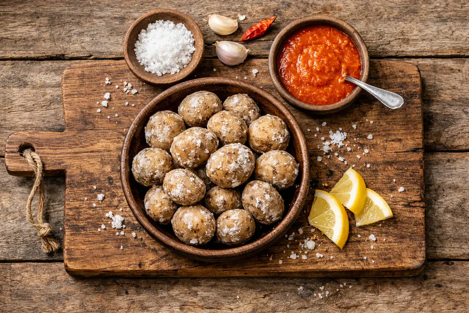 Papas arrugadas fraîches sur une table en bois rustique - 120 calories pour 100 g