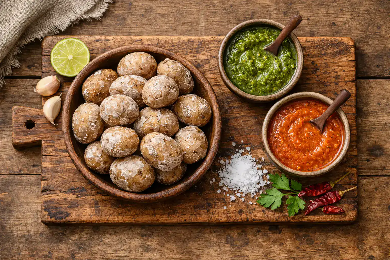 Fresh papas arrugadas with mojo on rustic wooden table - 150 calories per serving