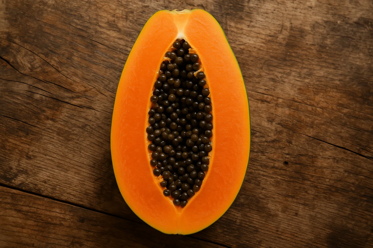 Fresh papaya on rustic wooden table - 43 calories per 100g