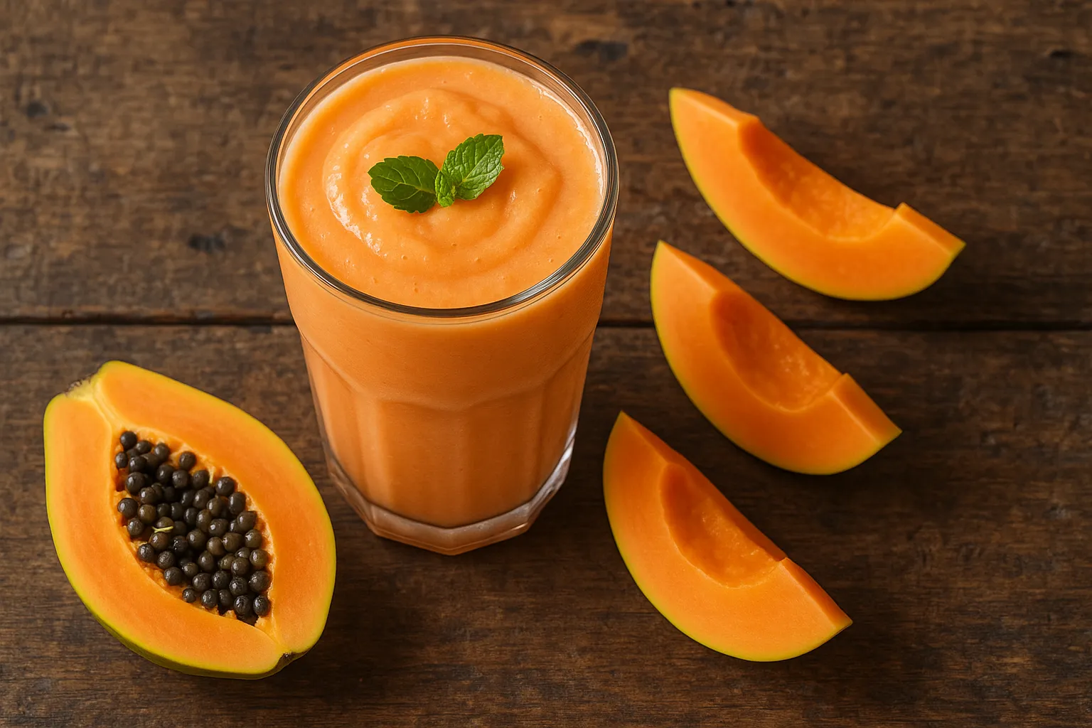 Fresh papaya shake on rustic wooden table - 60 calories per 100ml
