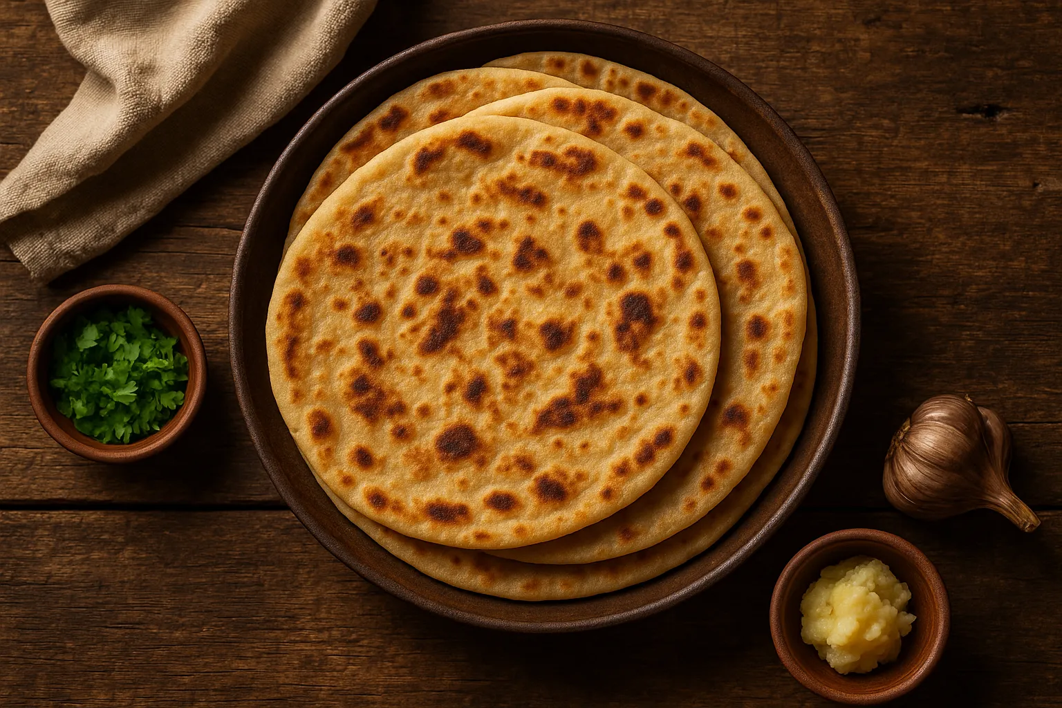 Fresh parathas on rustic wooden table - 260 calories per paratha