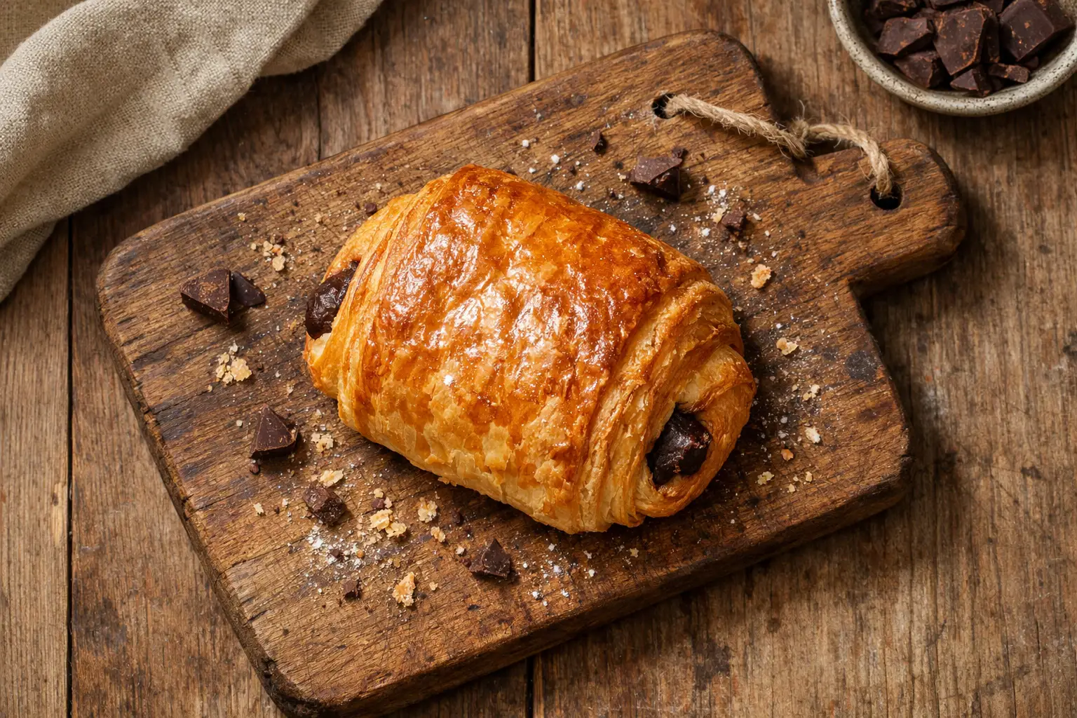 Paris Baguette Pain au Chocolat frais sur table en bois rustique - 230 calories par viennoiserie