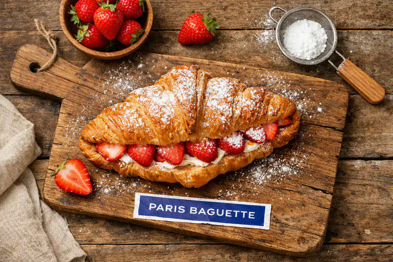 Croissant à la fraise Paris Baguette frais sur table en bois rustique - 370 calories par viennoiserie