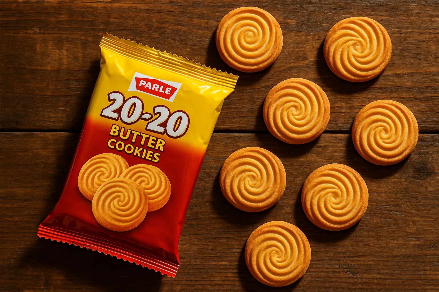 Parle 20-20 butter cookies on rustic wooden table - 480 calories per 100g