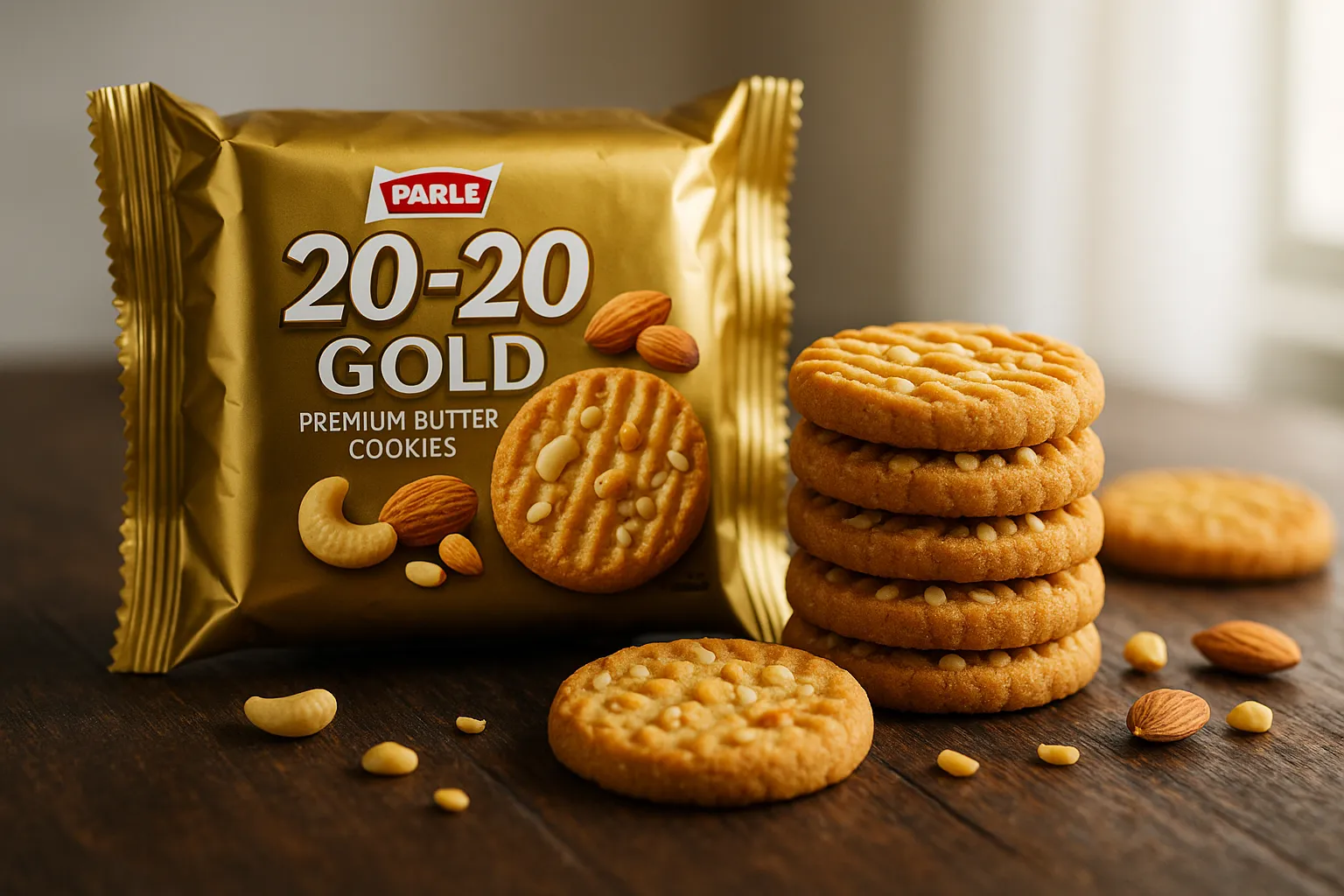 Parle 20-20 Gold Premium-Kekse mit Cashews und Mandeln auf rustikalem Holztisch - 510 Kalorien pro 100 g