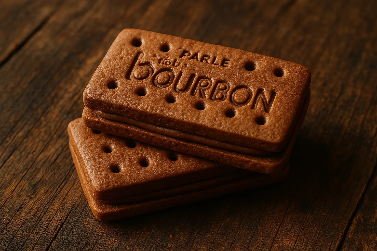 Two Parle Fab Bourbon chocolate cream biscuits stacked on rustic wooden surface - 105 calories per biscuit