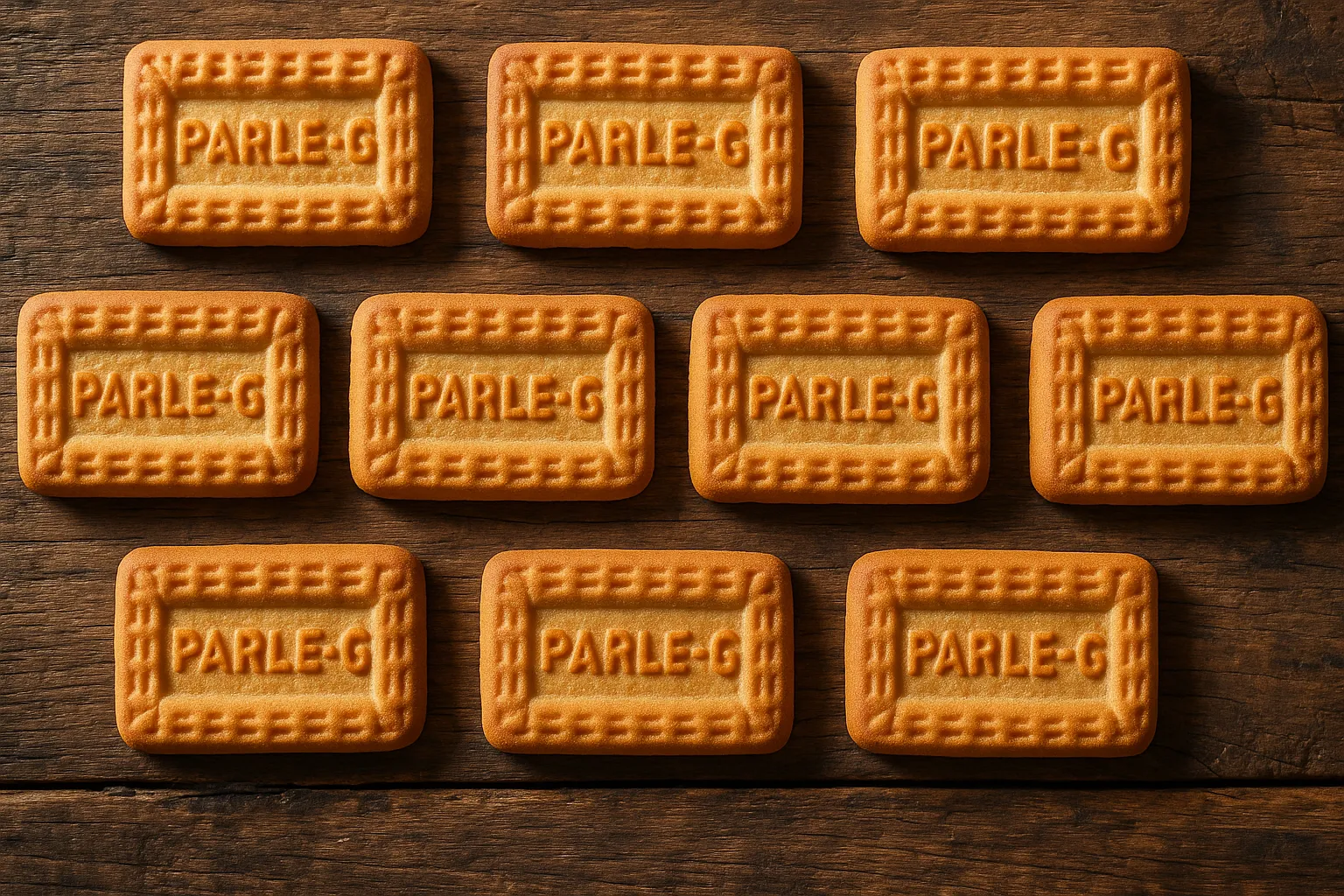 Galletas Parle-G frescas sobre mesa rústica de madera - 48 calorías por galleta