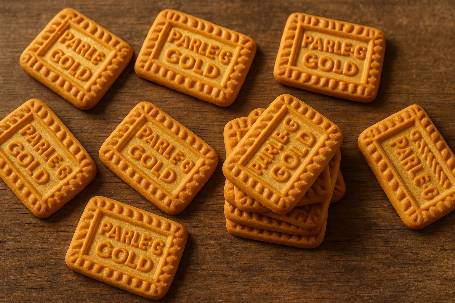 Parle-G Gold biscuits on rustic wooden table - 140 calories per 5 biscuits