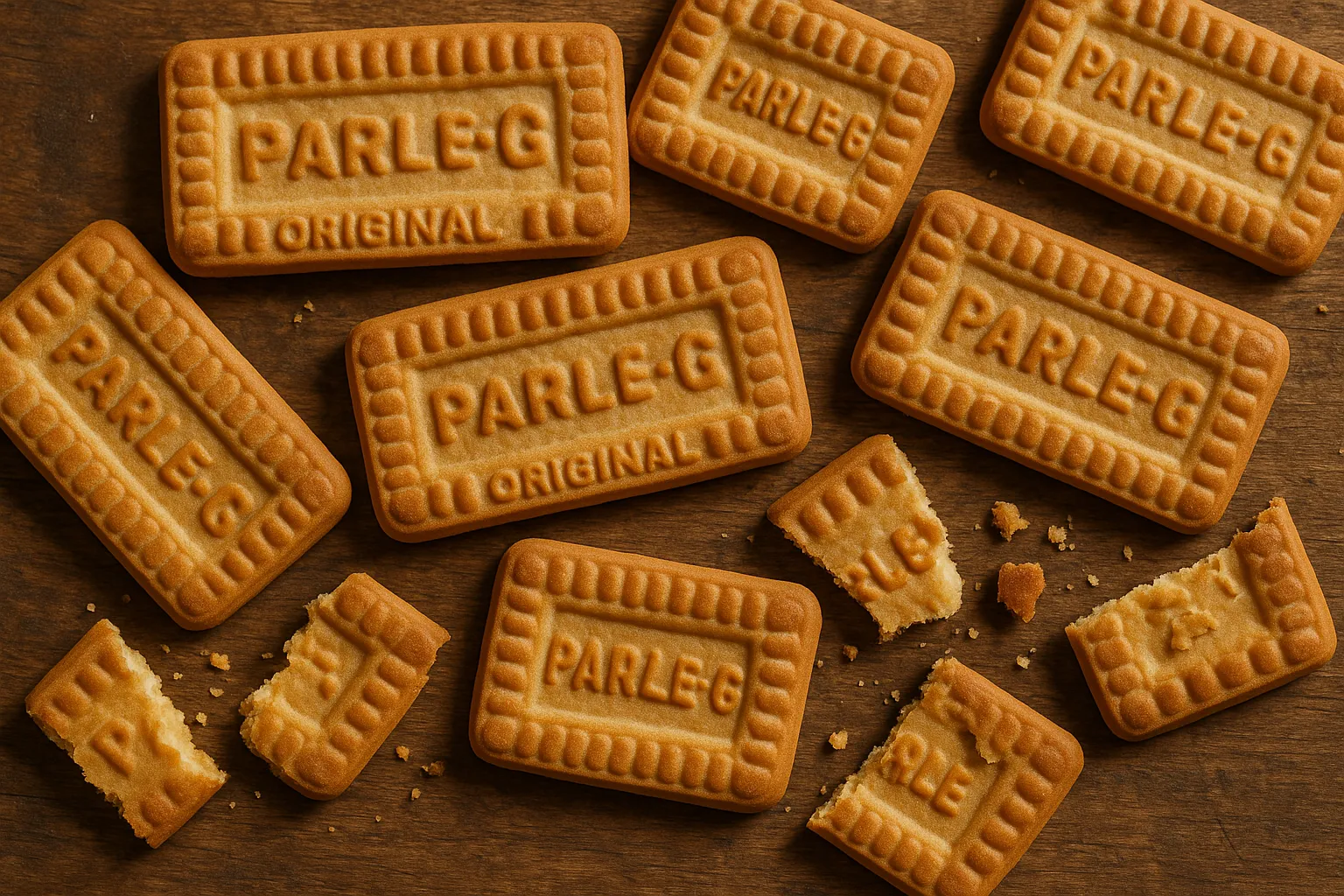 Fresh Parle-G Original biscuits on rustic wooden table - 462 calories per 100g