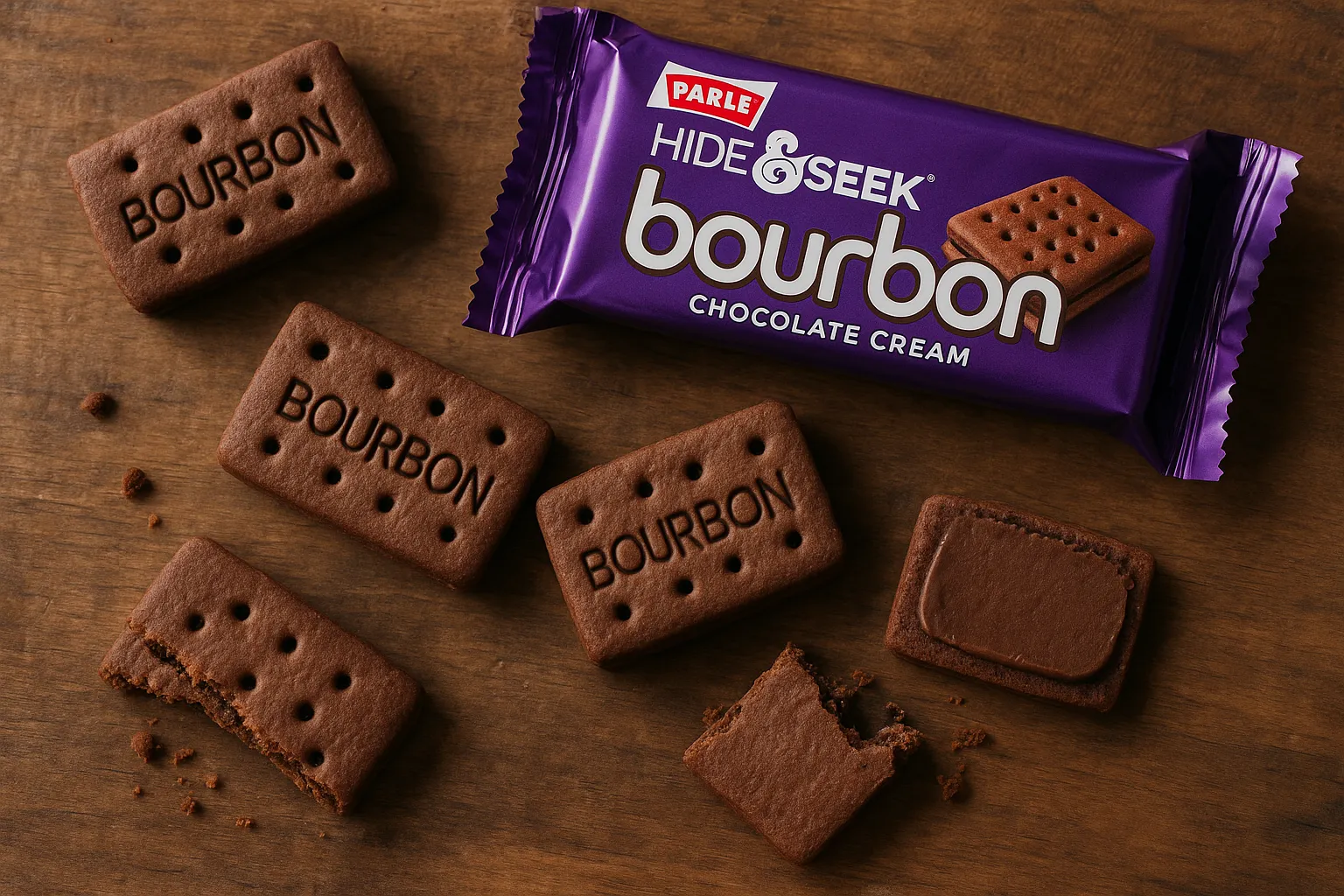 Parle Hide & Seek Bourbon chocolate cream biscuits on rustic wooden table - 471 calories per 100g