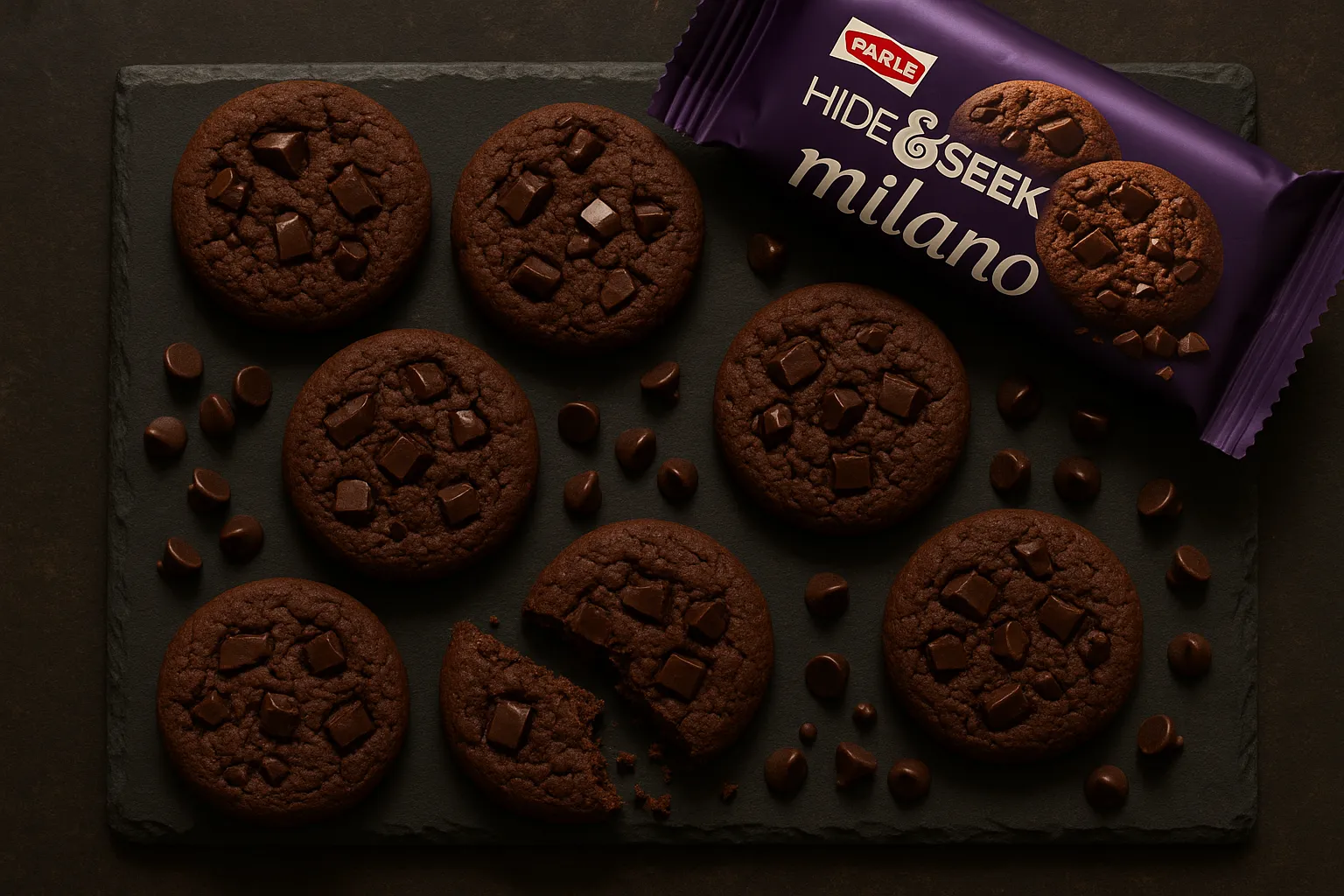 Parle Hide & Seek Milano premium chocolate cookies on slate board - 518 calories per 100g