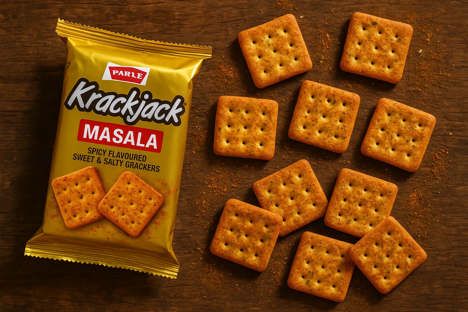 Parle Krackjack Masala spicy crackers on rustic wooden table - 490 calories per 100g