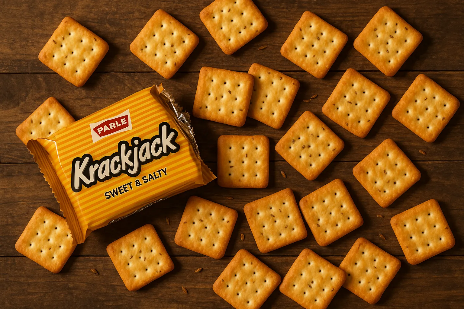 Parle Krackjack sweet and salty crackers on rustic wooden table - 489 calories per 100g