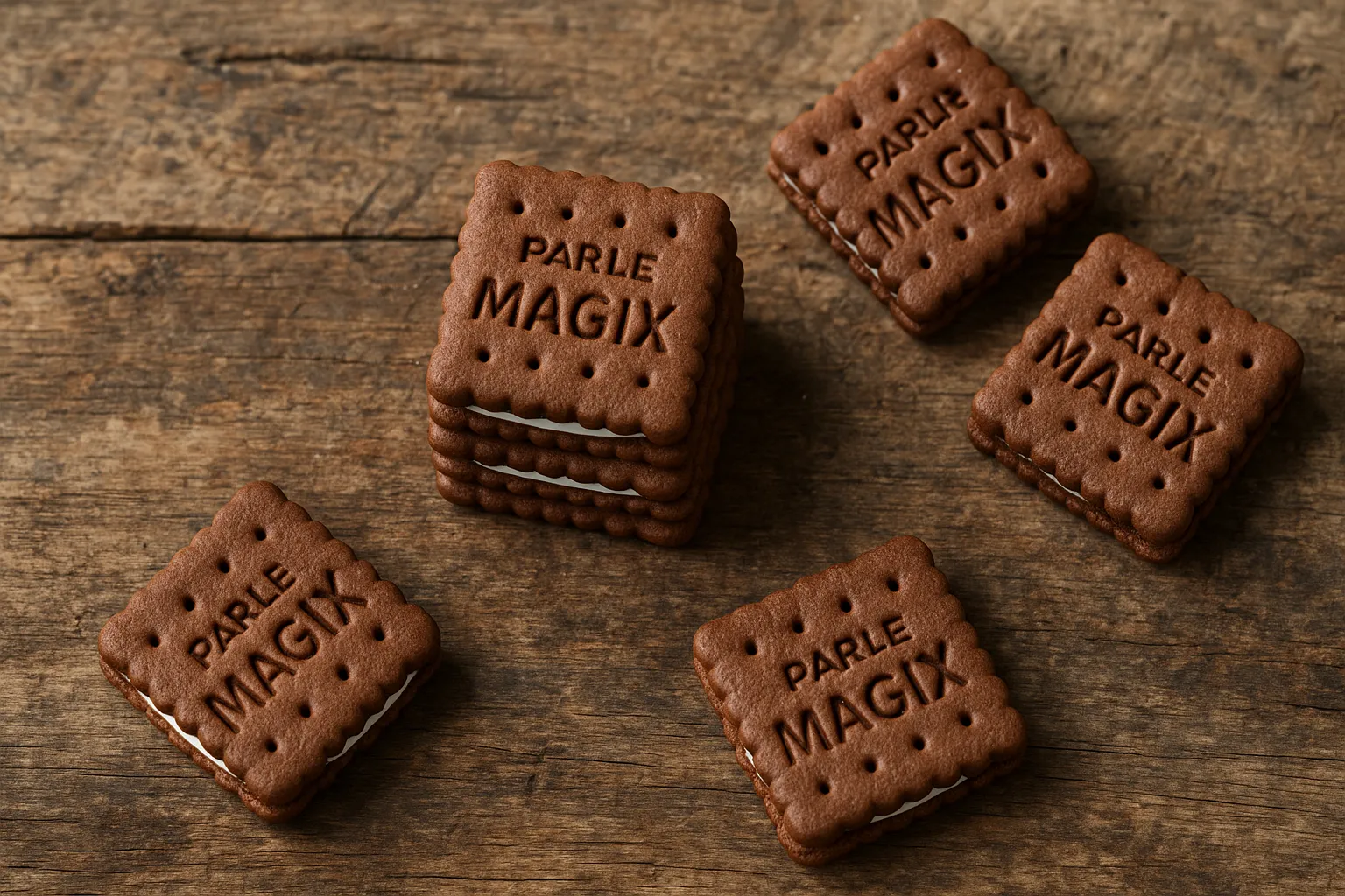 Fresh Parle Magix cream sandwich biscuits on rustic wooden table - 50 calories per biscuit