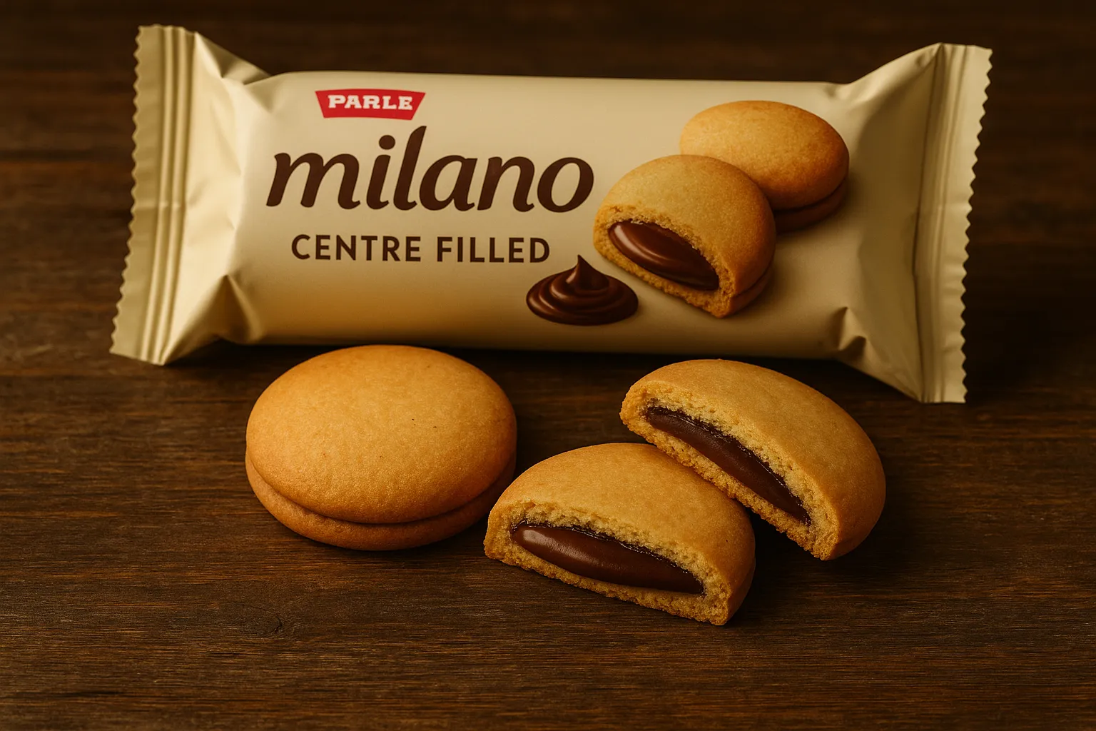 Parle Milano Centre Filled chocolate biscuits on rustic wooden table - 50 calories per biscuit