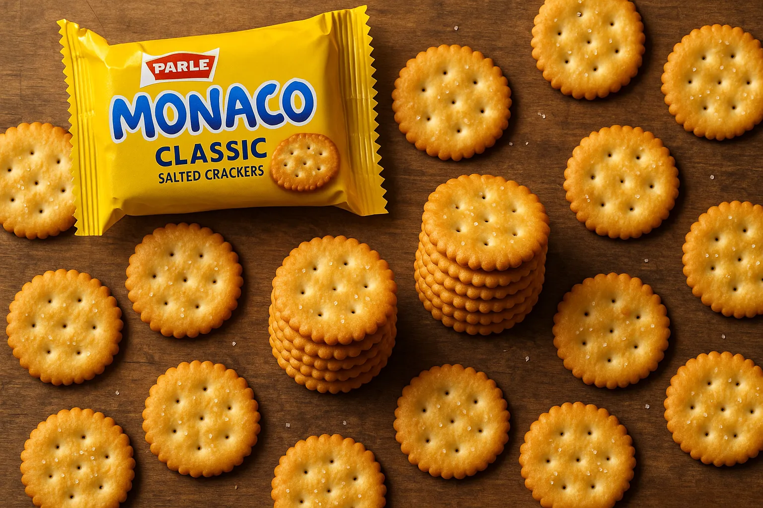 Parle Monaco Classic crackers on rustic wooden table - 70 calories per 5 crackers