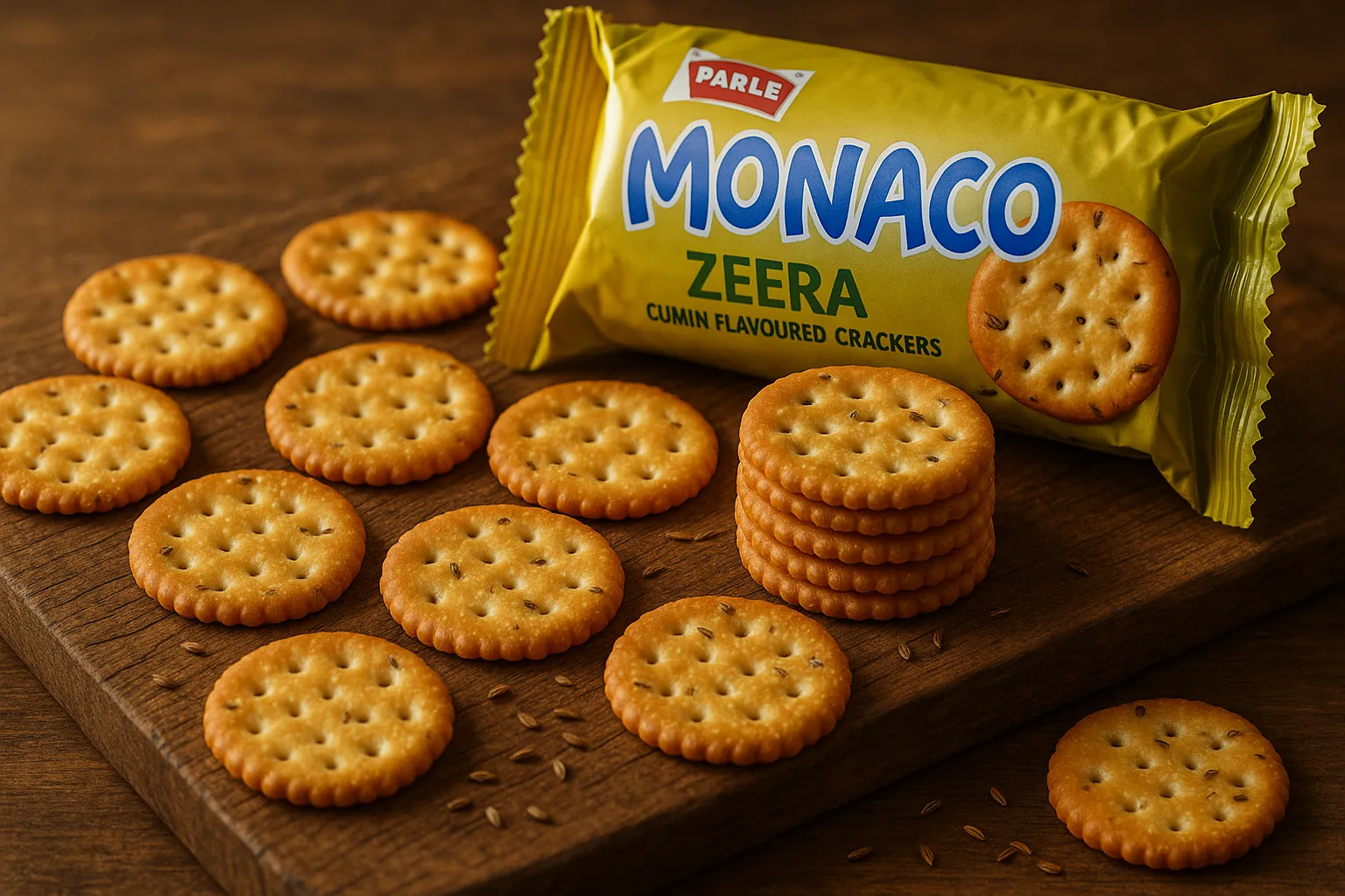 Parle Monaco Zeera cumin-flavored crackers on rustic wooden board - 465 calories per 100g