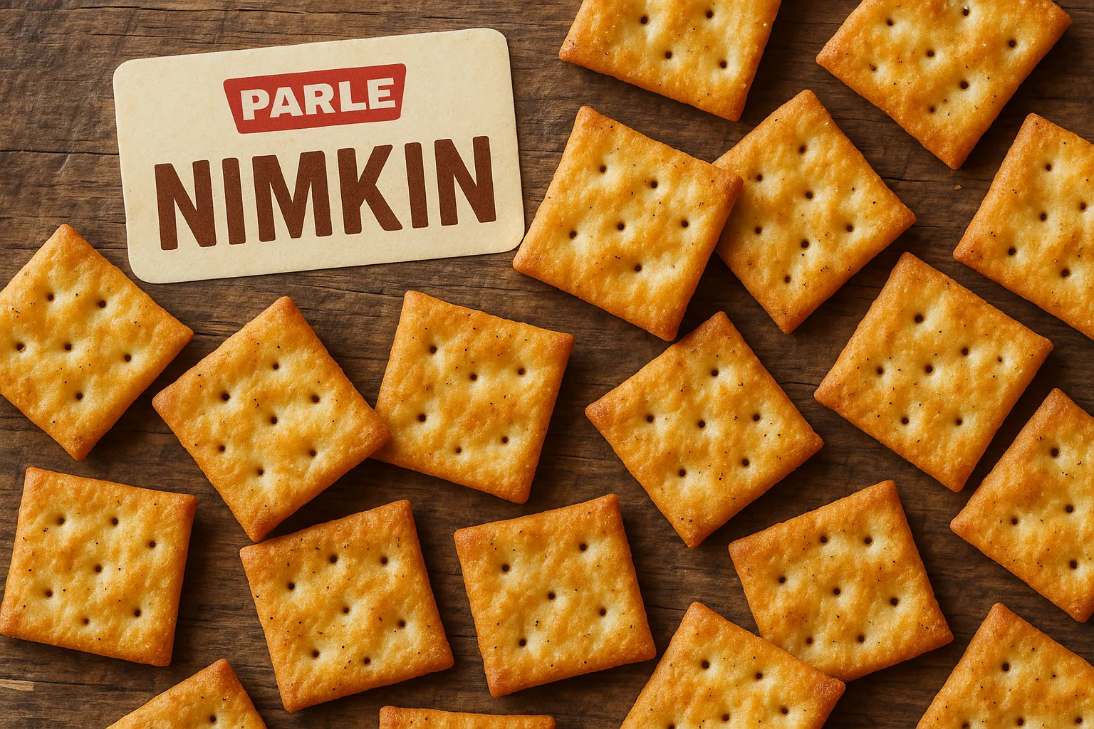 Fresh Parle Nimkin savory namkeen crackers on rustic wooden table - 130 calories per serving