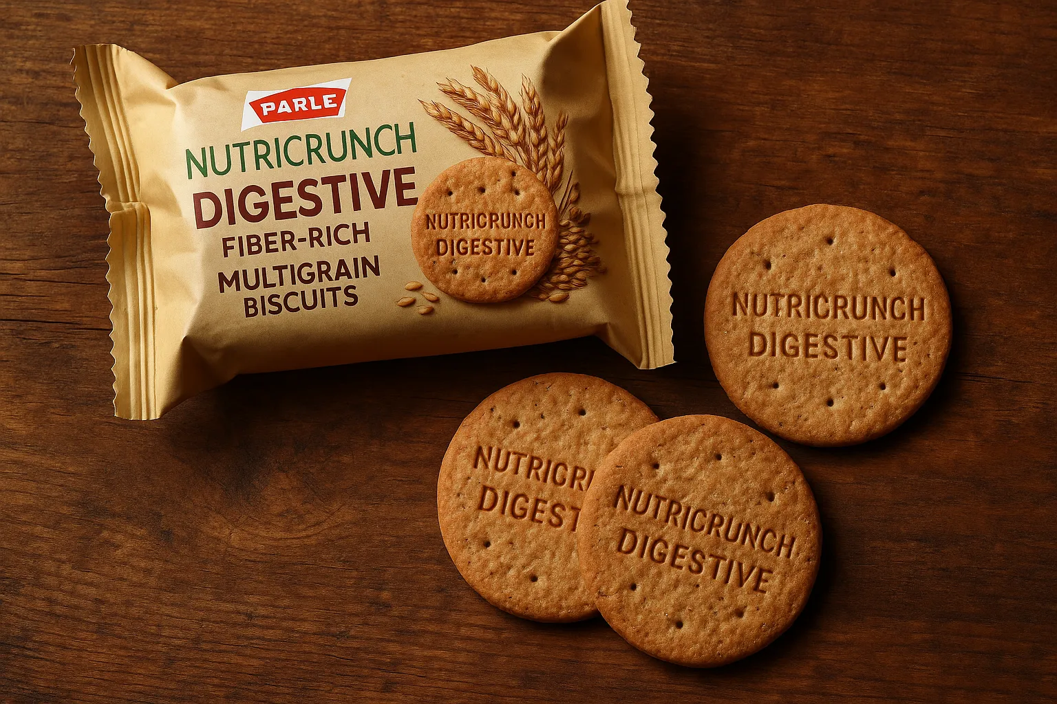 Parle Nutricrunch Digestive multigrain biscuits on rustic wooden table - 45 calories per biscuit
