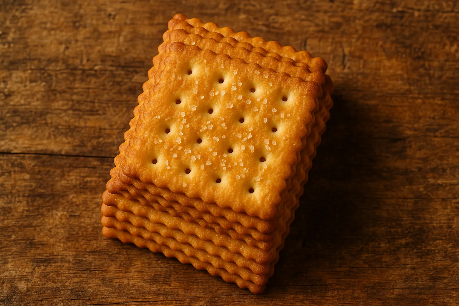 Stack of salted Parle Top Crackers on rustic wooden surface - 120 calories per serving