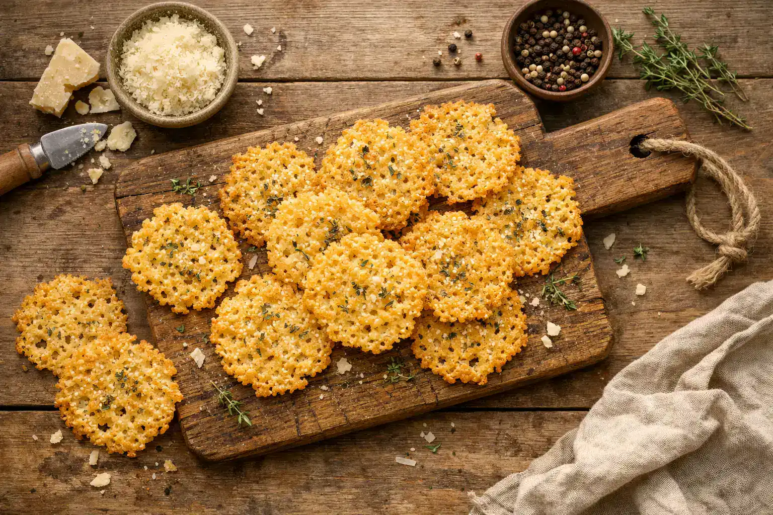 Crisps de queso parmesano fresco sobre mesa de madera rústica - 160 calorías por porción