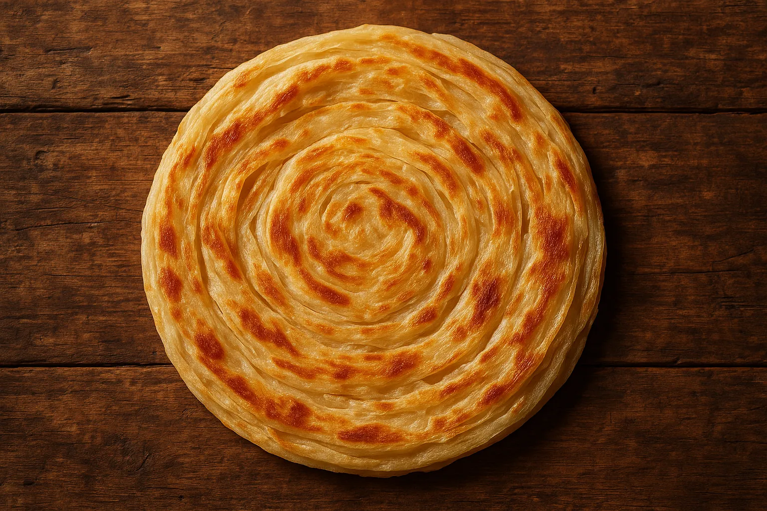 Fresh layered parotta on rustic wooden table - 326 calories per 100g