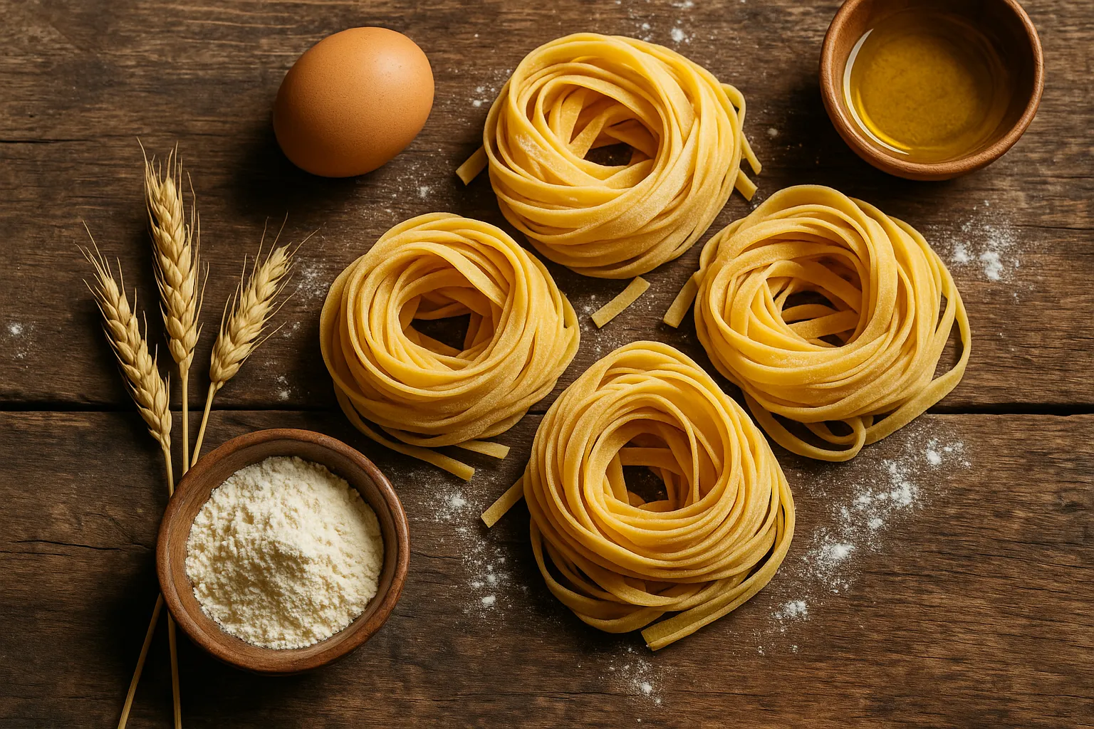 Fresh pasta on rustic wooden table - 210 calories per 2oz dry serving