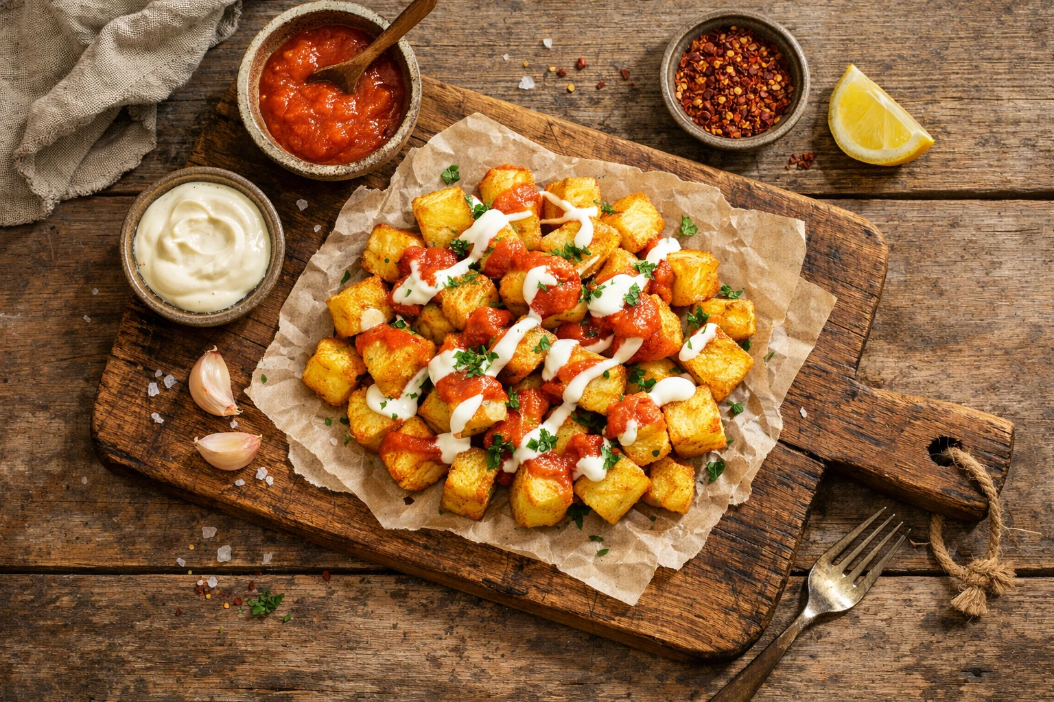 रस्टिक लकड़ी की मेज पर ताज़ा patatas bravas - 100g में 180 कैलोरी