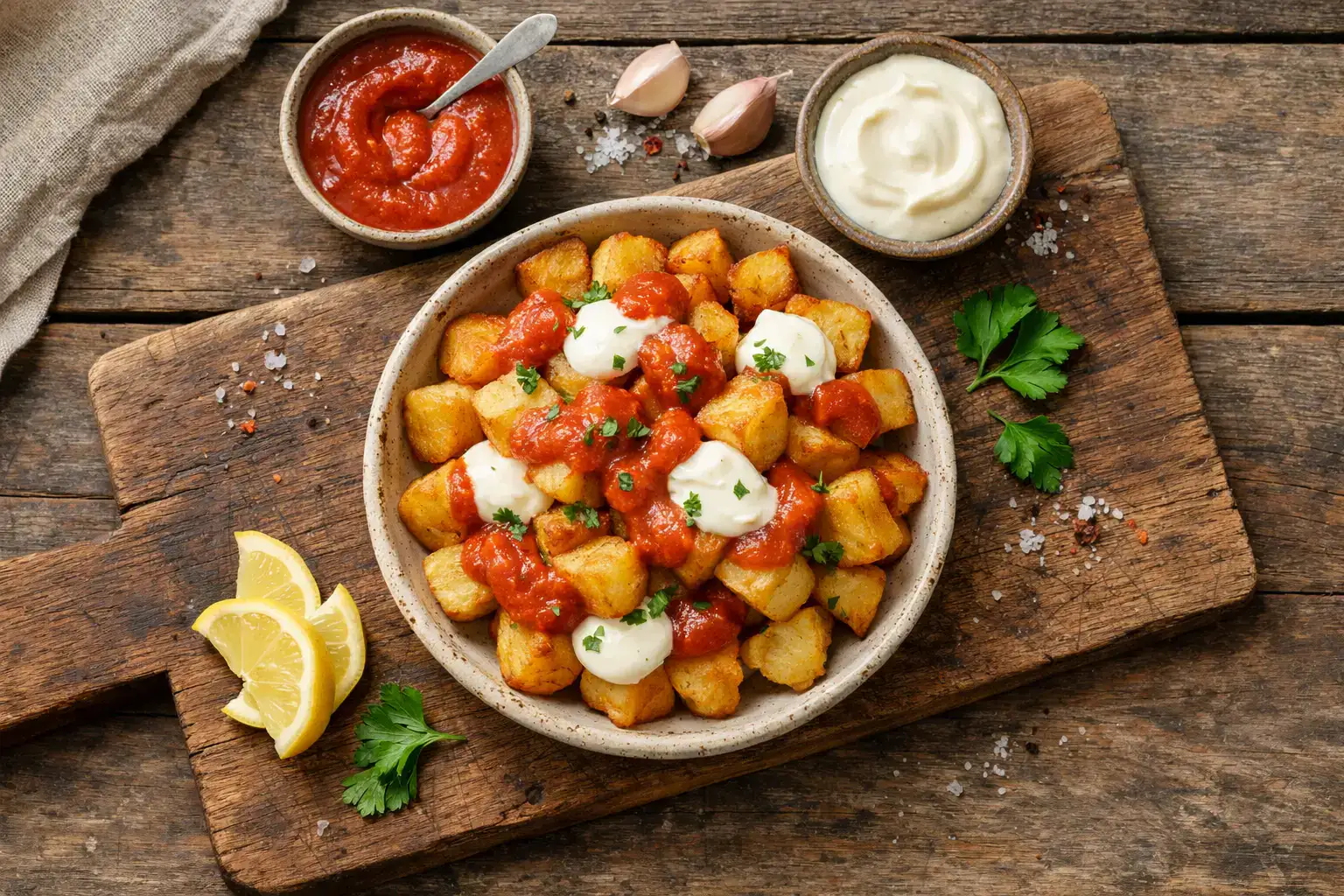 Fresh patatas bravas on rustic wooden table - 180 calories per 100g