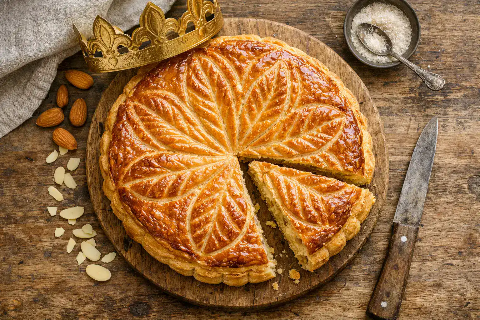 Galette des Rois fraîche sur table en bois rustique - 435 calories par part