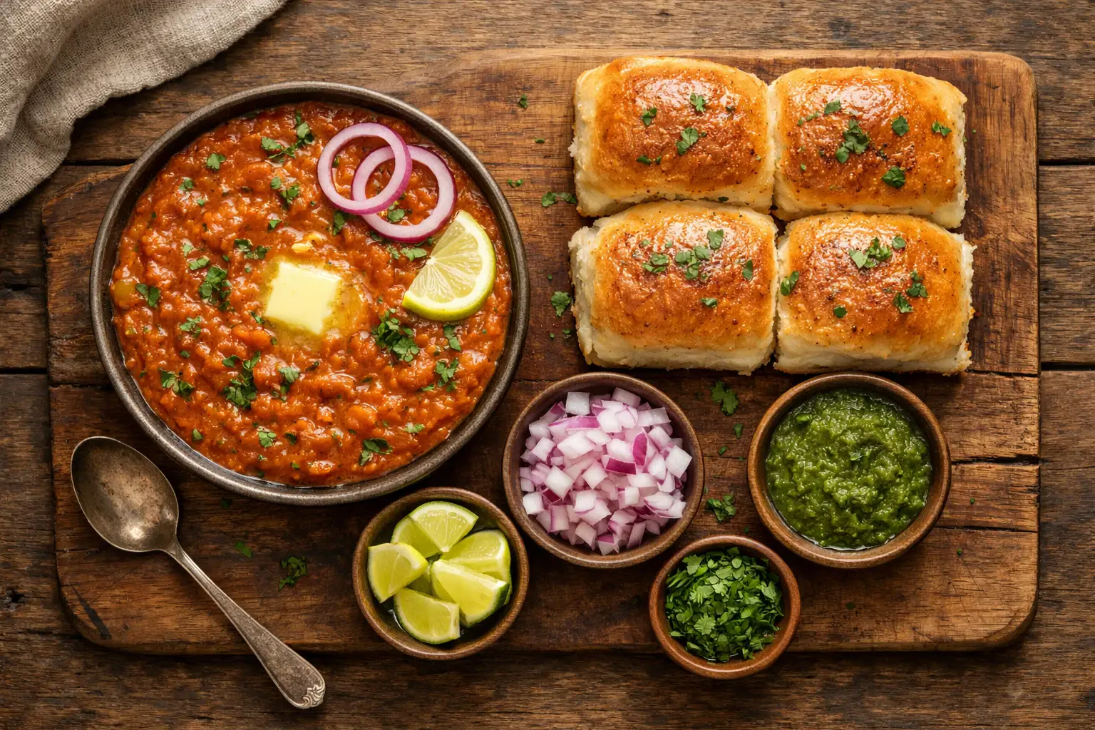 Pav bhaji fresco en mesa de madera rústica - 400 calorías por porción