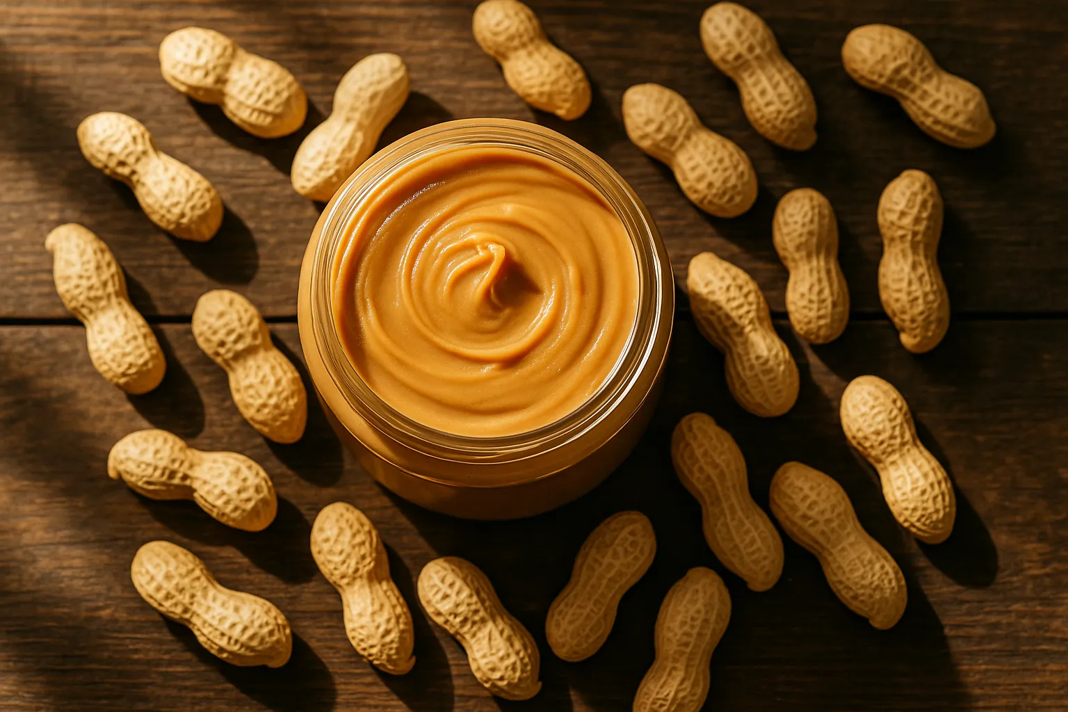 लकड़ी की rustic टेबल पर ताजा पीनट बटर - 2 बड़े चम्मच में 188 कैलोरी