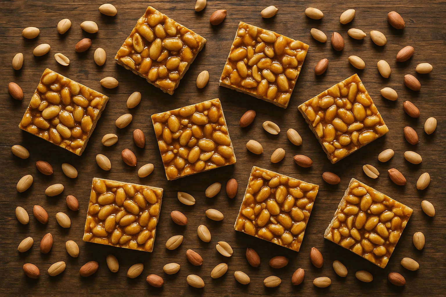 Fresh peanut butter chikki on rustic wooden table - 140 calories per piece