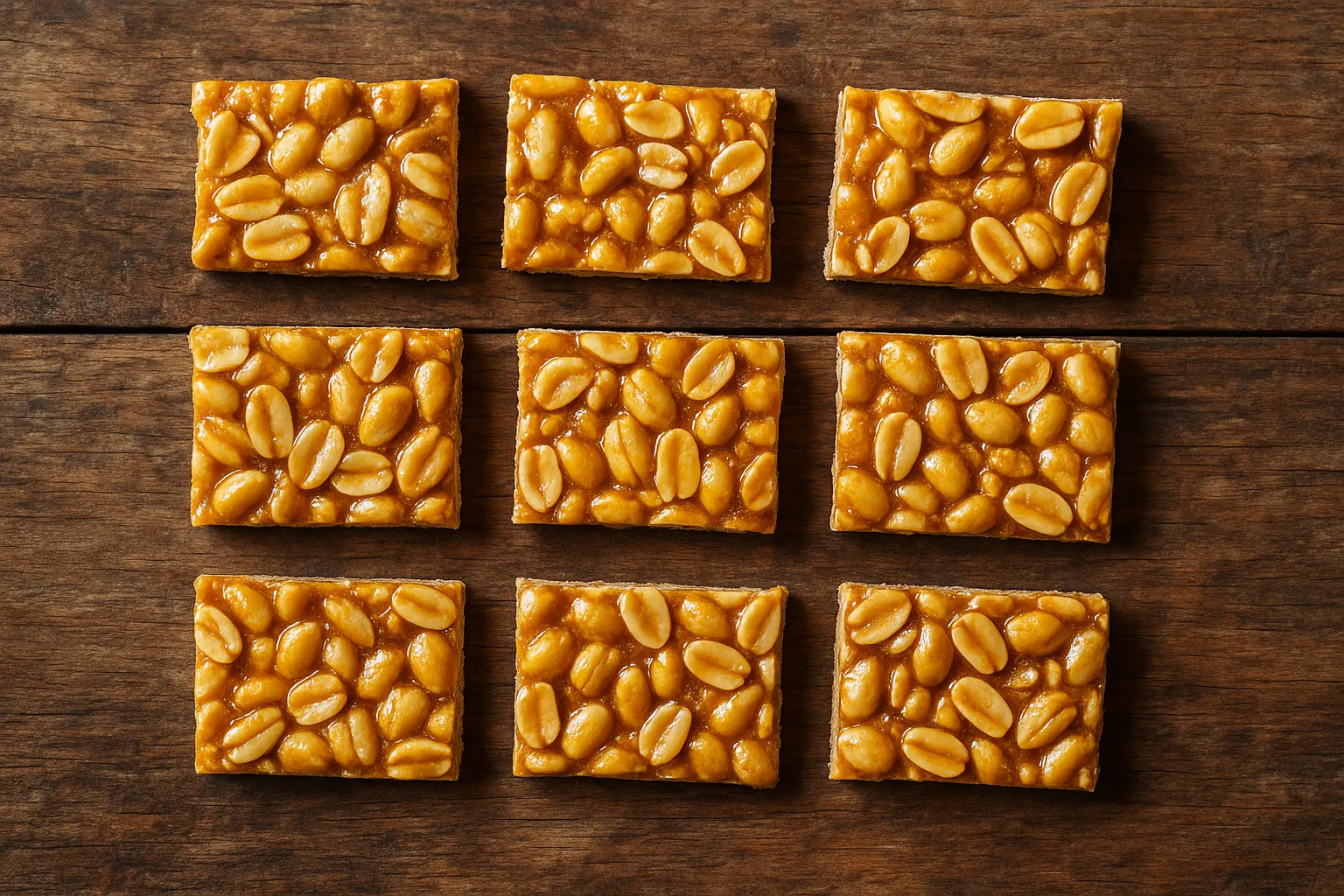 Fresh peanut chikki on rustic wooden table - 156 calories per piece