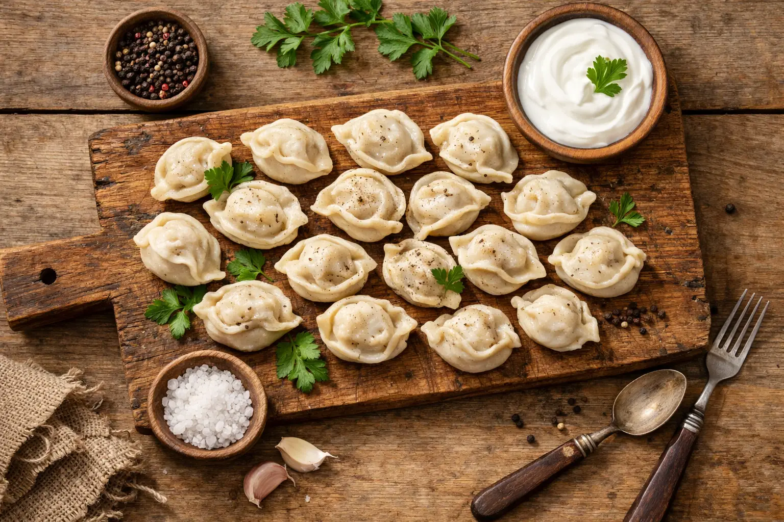 Frische Pelmeni auf rustikalem Holztisch - 220 Kalorien pro 6 Teigtaschen