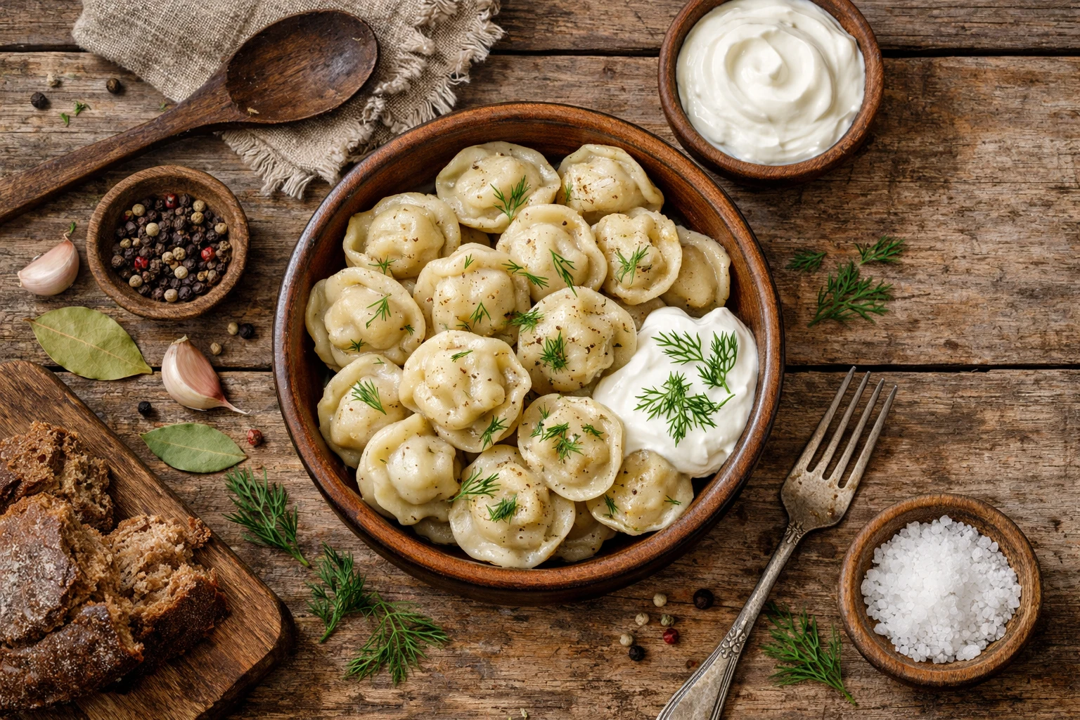 Pelmeni frescos en mesa de madera rústica - 220 calorías por 6 dumplings