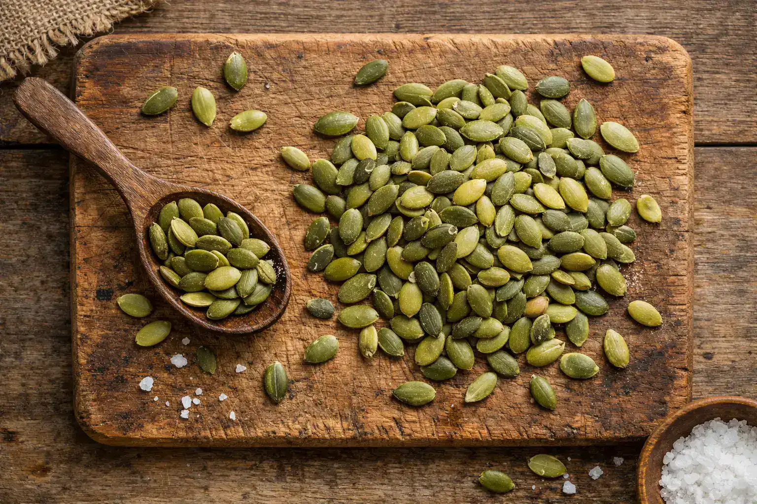Graines de courge pepitas fraîches sur table en bois rustique - 163 calories par portion de 28 g
