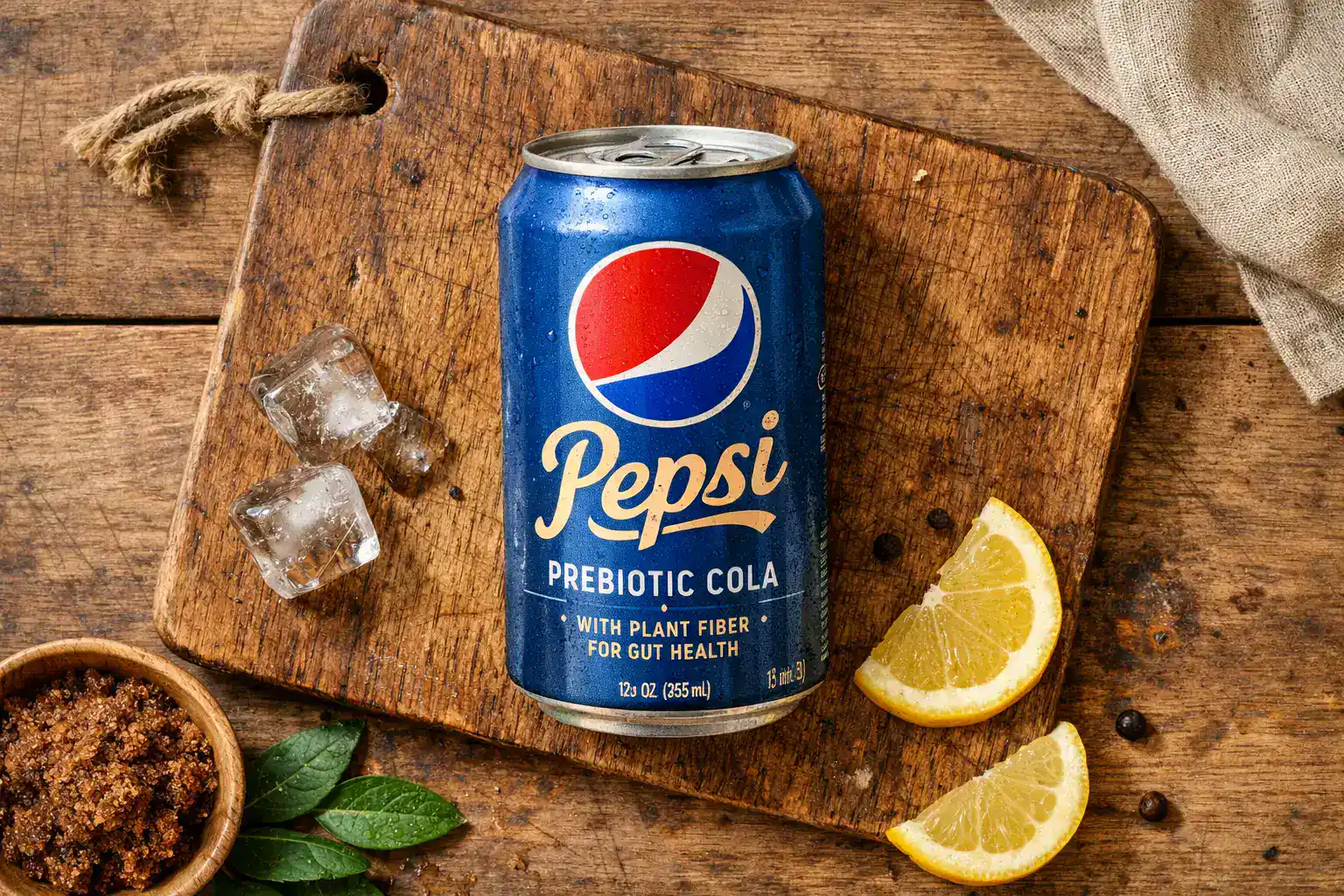 ताज़ा Pepsi Prebiotic Cola लकड़ी की टेबल पर - 30 कैलोरी प्रति 12 fl oz कैन