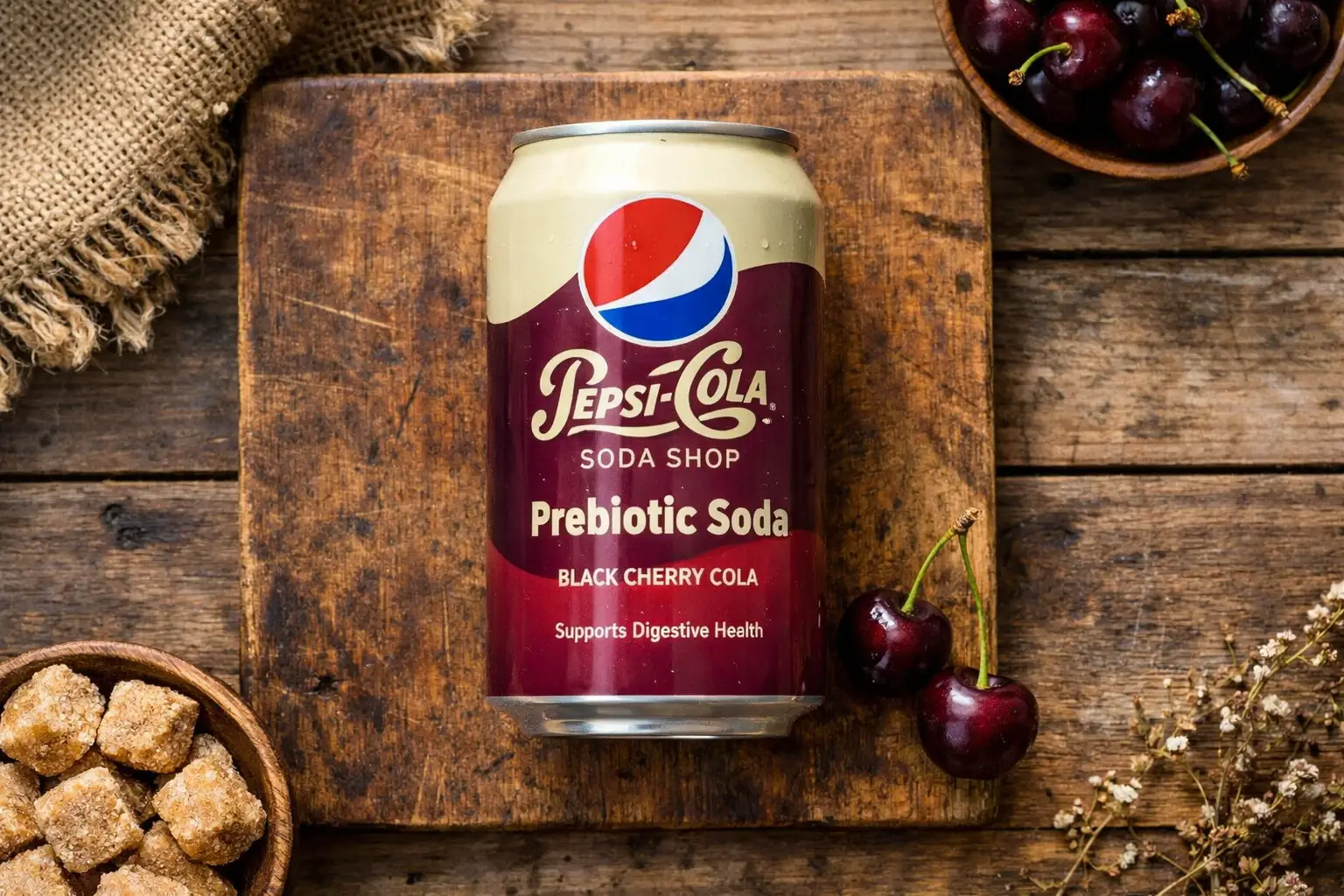 रस्टिक लकड़ी की टेबल पर Pepsi Prebiotic Soda कैन - 12 fl oz कैन में 30 कैलोरी