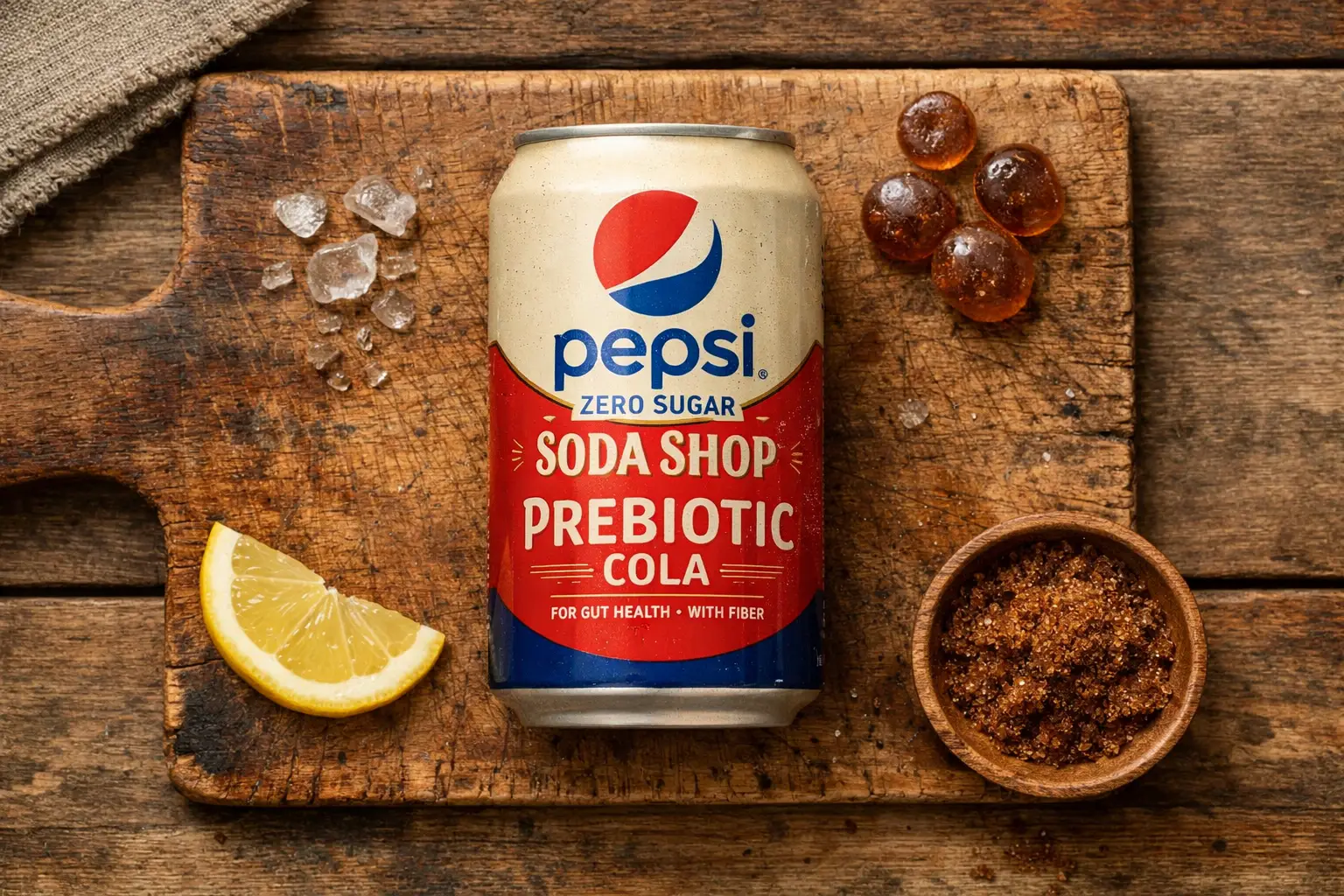 Fresh Pepsi Prebiotic Soda can on rustic wooden table - 30 calories per can