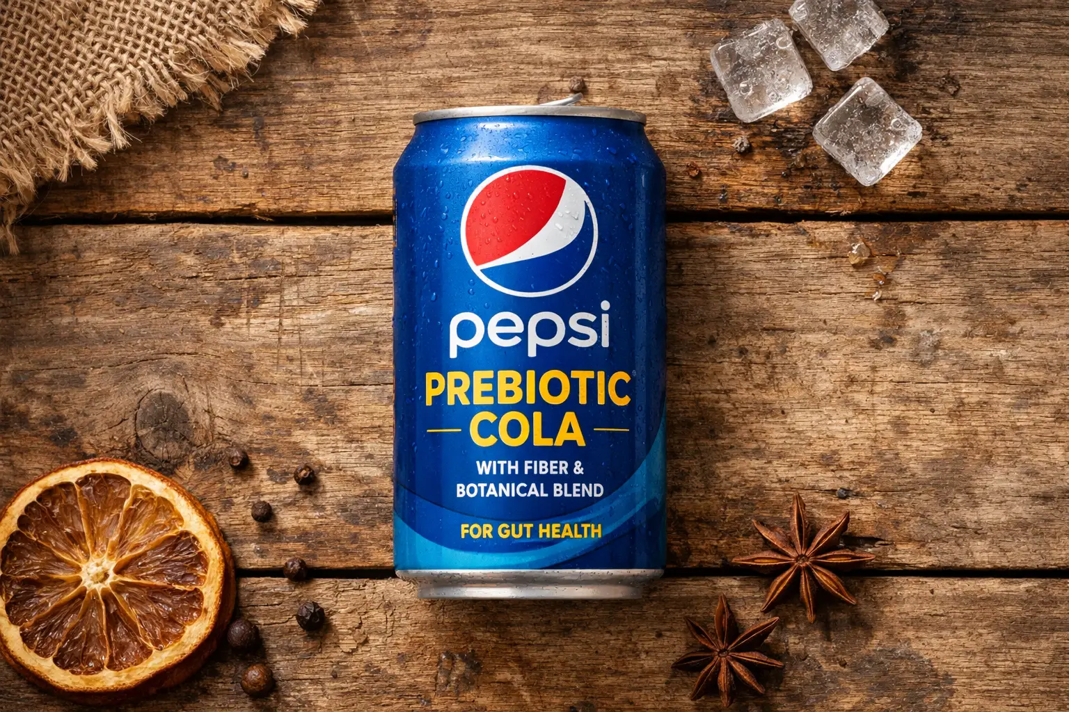 Pepsi Prebiotic Cola can on rustic wooden table - 30 calories per 12 oz can