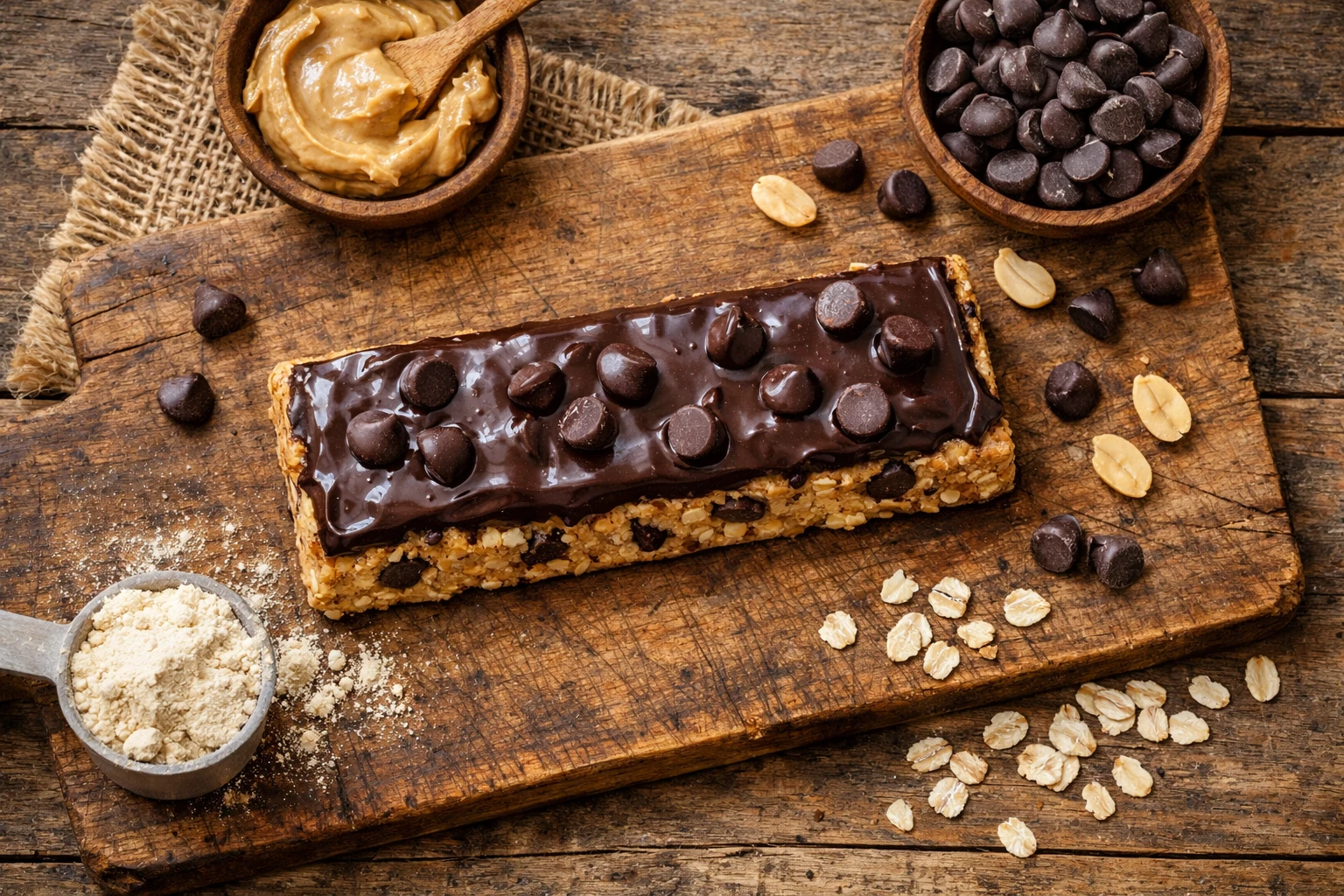 लकड़ी के बोर्ड पर परफेक्ट बार डार्क चॉकलेट चिप पीनट बटर - प्रति बार 330 कैलोरी